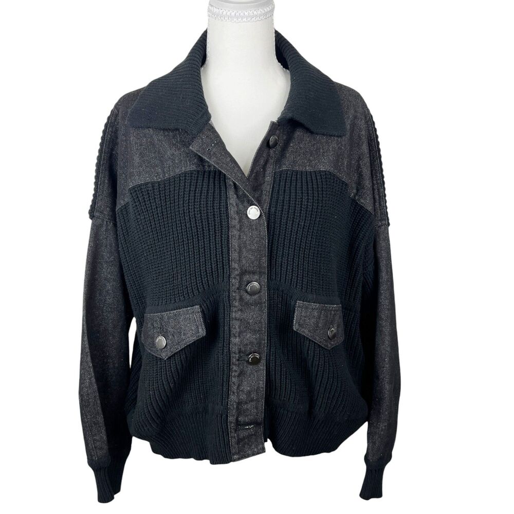 Peace Love World Jacket Women Large Black Knit Denim Mix Button Up Outer Casual